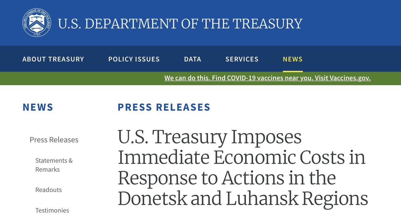 U.S. Treasury Imposes Immediate Economic Costs in Response to Actions in the Donetsk and Luhansk Regions