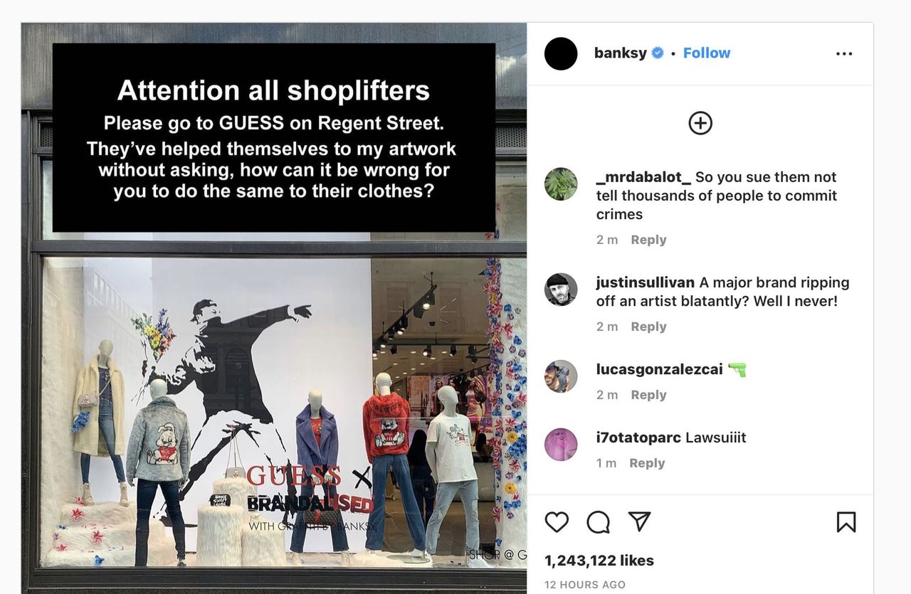 Banksy encourages followers to 'help themselves' to clothes from GUESS after accusing them of stealing work